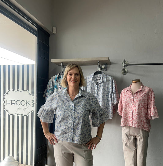 Cotton Blue/White Frill sleeve Box shirt