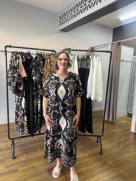 Black/Mocca/Nude Tribal Print  Kaftan