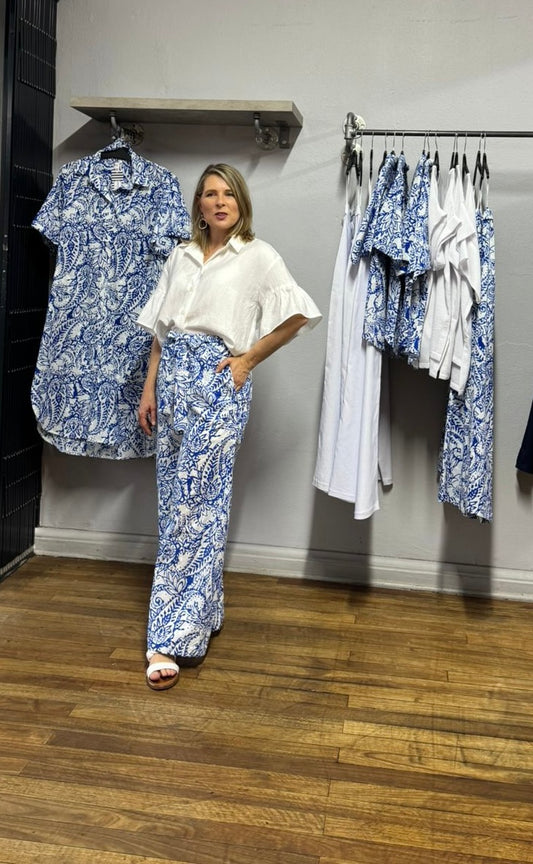 Wide leg Royal/White Anglaise Pants